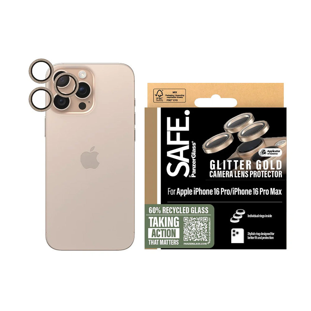 Película de Proteção para Câmera Traseira PanzerGlass Safe. Glitter para Apple iPhone 16 Pro Max / 16 Pro, Vidro Temperado, Dourado.