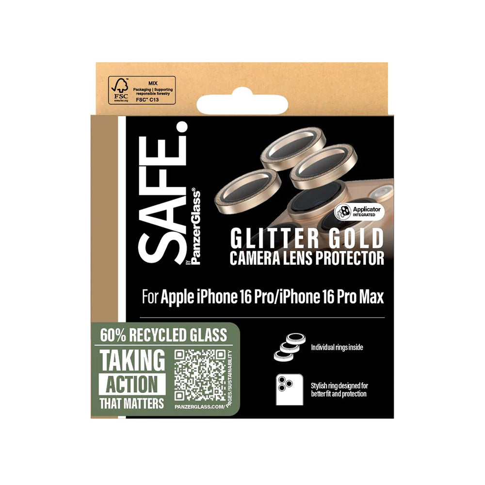 Película de Proteção para Câmera Traseira PanzerGlass Safe. Glitter para Apple iPhone 16 Pro Max / 16 Pro, Vidro Temperado, Dourado.