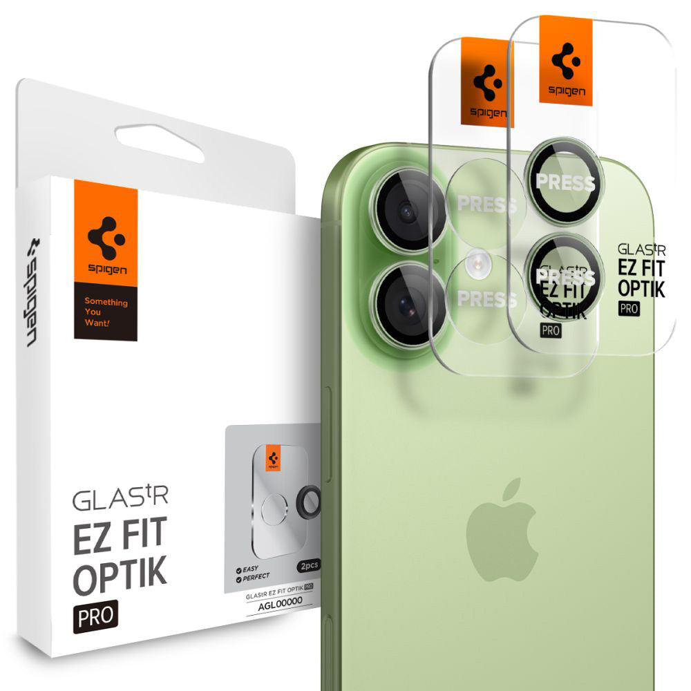 Película Protetora de Câmera Traseira Spigen GlastR EZ FIT Optik Pro para Apple iPhone 17 / 16 Plus / 16, Vidro Temperado, Conjunto de 2 Peças, Verde AGL10128