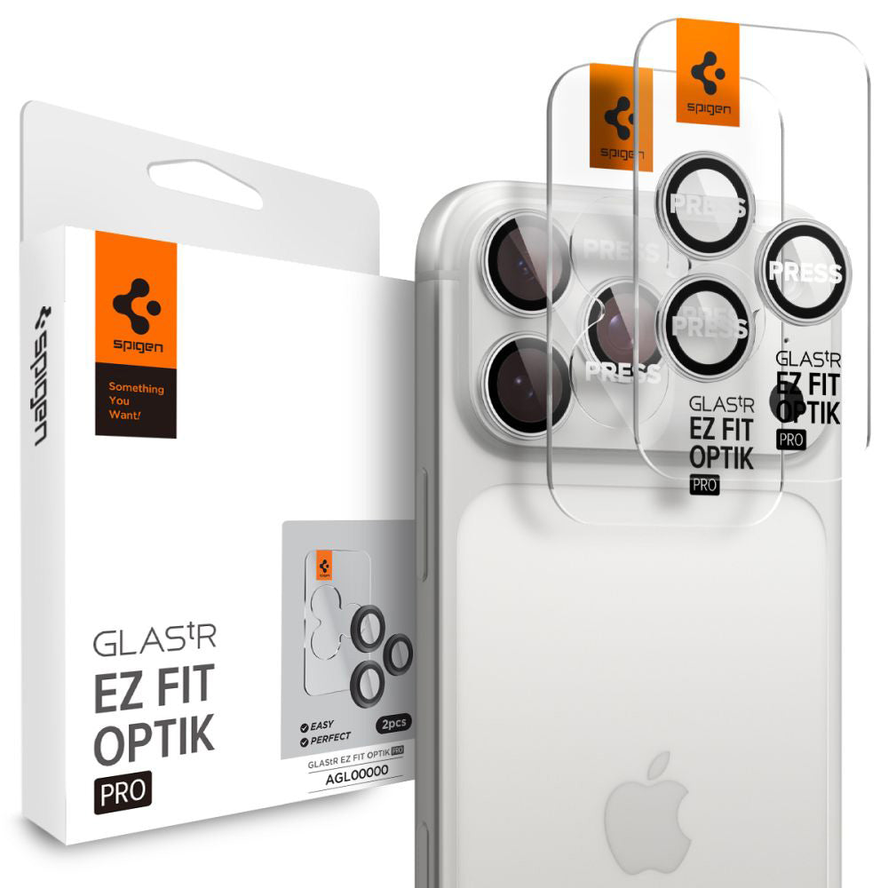 Película Protetora de Câmera Traseira Spigen GlastR EZ FIT Optik Pro para Apple iPhone 17 Pro Max / 17 Pro, Vidro Temperado, Conjunto de 2 peças, Prateada