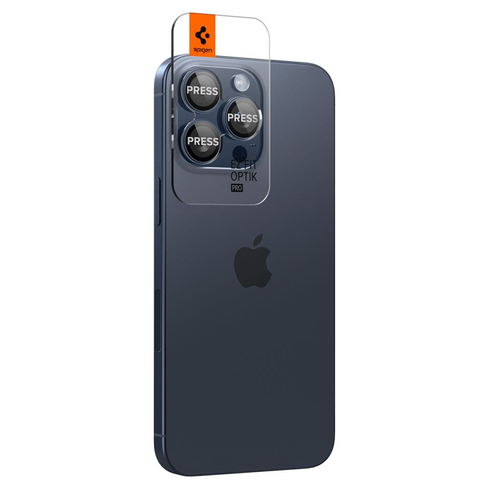Película Protetora de Câmera Traseira Spigen GlastR EZ FIT Optik Pro para Apple iPhone 16 Pro Max / 16 Pro, Vidro Temperado, Conjunto de 2 Peças, Azul.