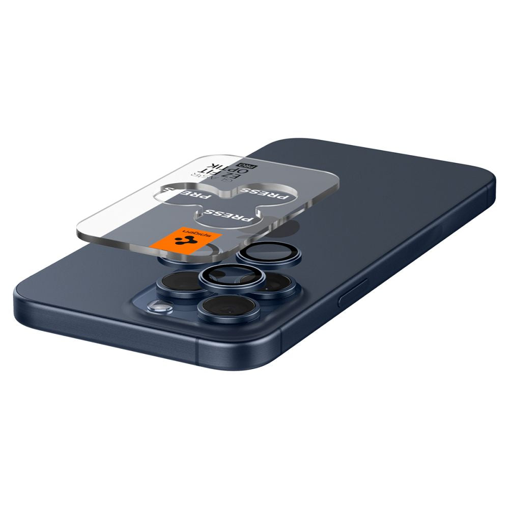Película Protetora de Câmera Traseira Spigen GlastR EZ FIT Optik Pro para Apple iPhone 16 Pro Max / 16 Pro, Vidro Temperado, Conjunto de 2 Peças, Azul.