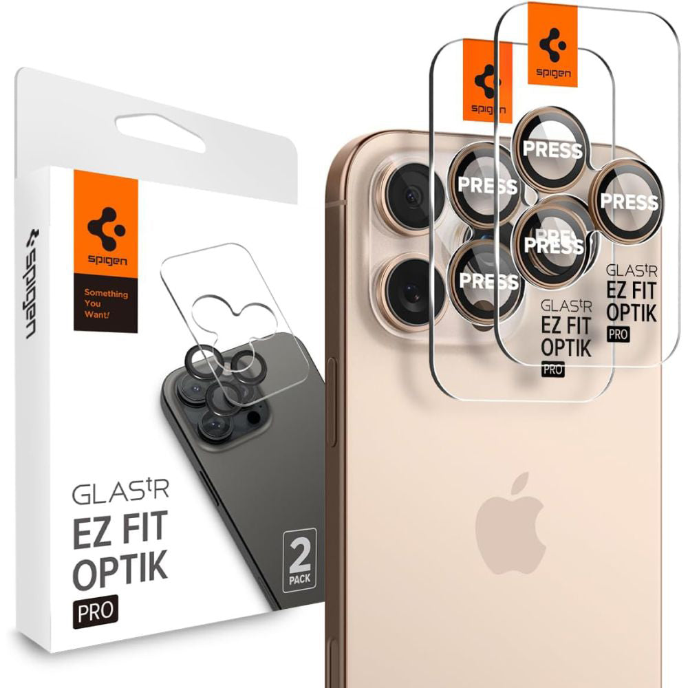 Película Protetora de Câmera Traseira Spigen GlastR EZ FIT Optik Pro para Apple iPhone 16 Pro, Vidro Temperado, Conjunto de 2 peças, Bronze AGL08862