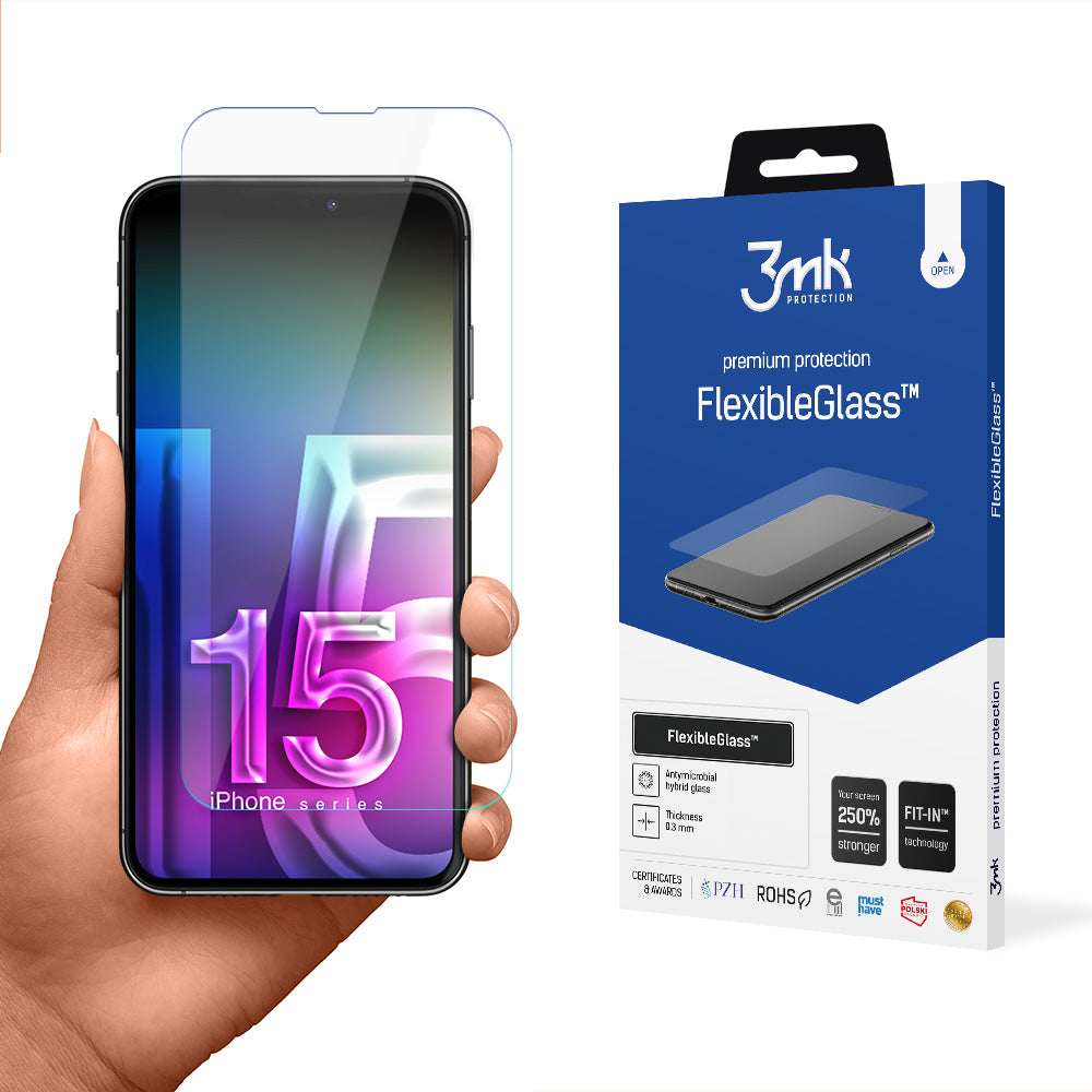 Película protetora de ecrã 3MK FlexibleGlass para Apple iPhone 15 Pro, Vidro Flexível, Cola Total