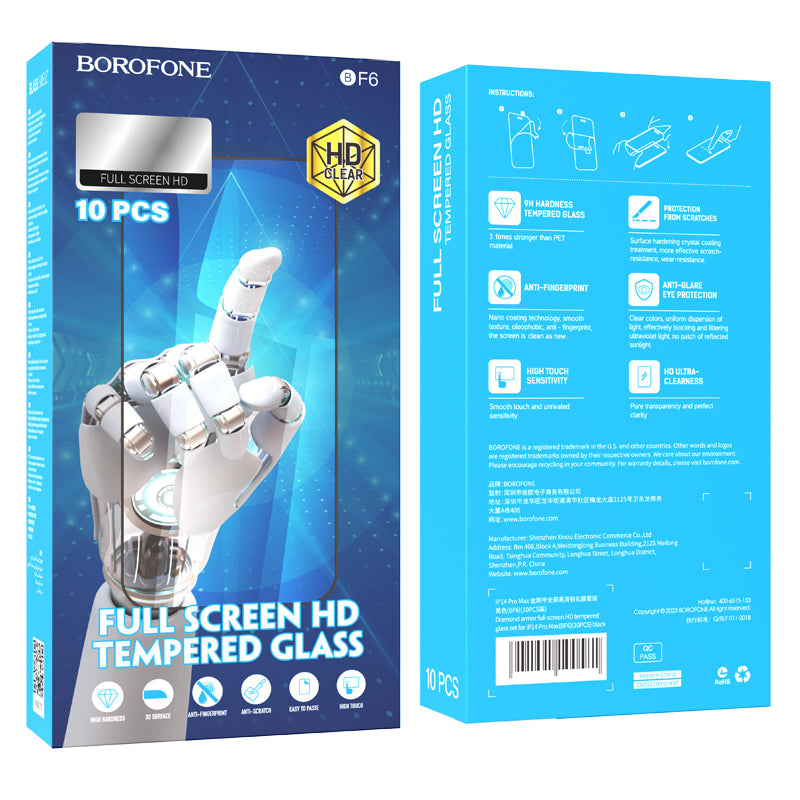 Protetor de ecrã Borofone BF6 Diamond Armor para Apple iPhone 12 / 12 Pro, vidro blindado, cola total, conjunto de 10 peças, preto
