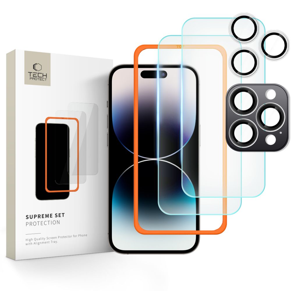 Película protetora do ecrã traseiro e da câmara Tech-Protect Supreme para Apple iPhone 16 Pro, proteção de vidro, cola total