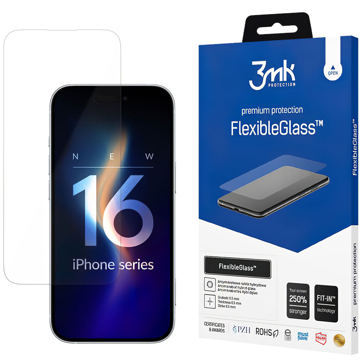Película protetora de ecrã 3MK FlexibleGlass para Apple iPhone 16, Vidro Flexível, Cola Total