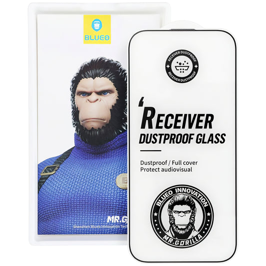 Mr Monkey Glass Receiver Protetor de ecrã à prova de poeiras para Apple iPhone 16 Pro Max, Escudo de vidro, Cola total, 5D, Preto