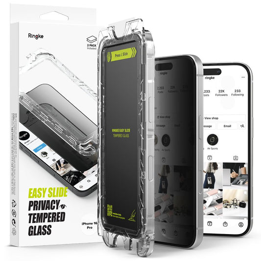 Protetor de ecrã privado Ringke Easy Slide para Apple iPhone 16 Pro, proteção de vidro, cola total, conjunto de 2 peças