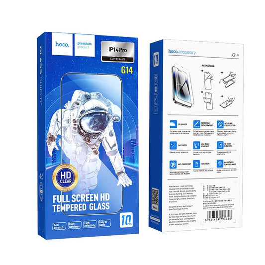 HOCO Screen Protector for Apple iPhone 14 Pro, Tempered Glass, Full Glue, Set of 10 pieces, Black