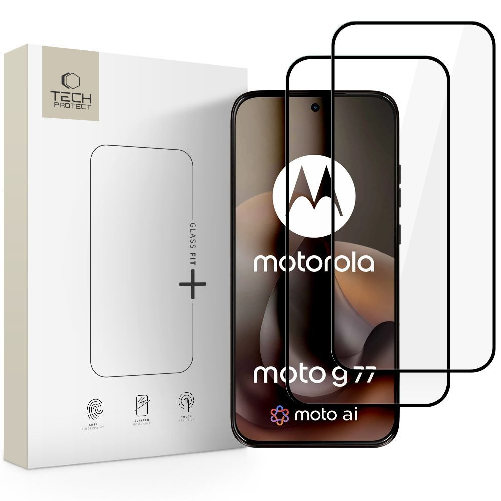 Película protetora de ecrã Tech-Protect FIT+ para Motorola Moto G77 / G67, Vidro Temperado, Cola Total, Conjunto de 2 peças, 2.5D, Preto