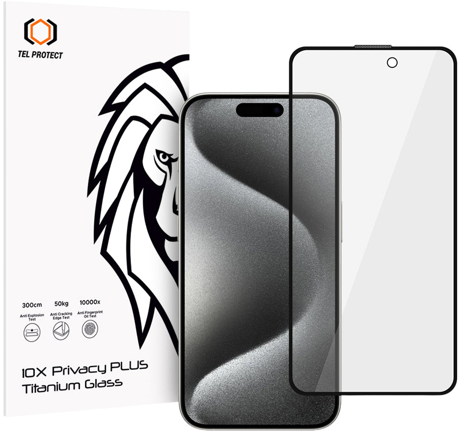 Película de Proteção de Ecrã Privacy Tel Protect 10X Plus Titanium para Apple iPhone 17 / 16 Pro, Vidro Temperado, Full Glue