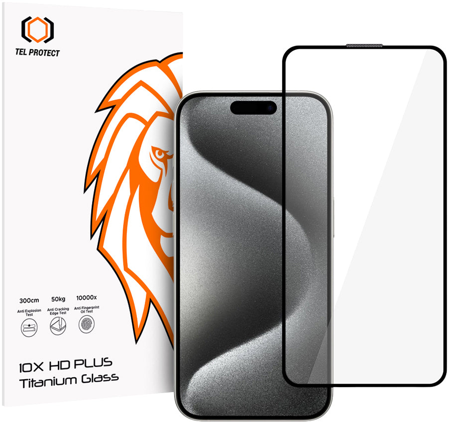 Película de proteção de ecrã Tel Protect 10X HD Plus Titanium para Apple iPhone 17 / 16 Pro, Vidro Temperado, Full Glue, Preta