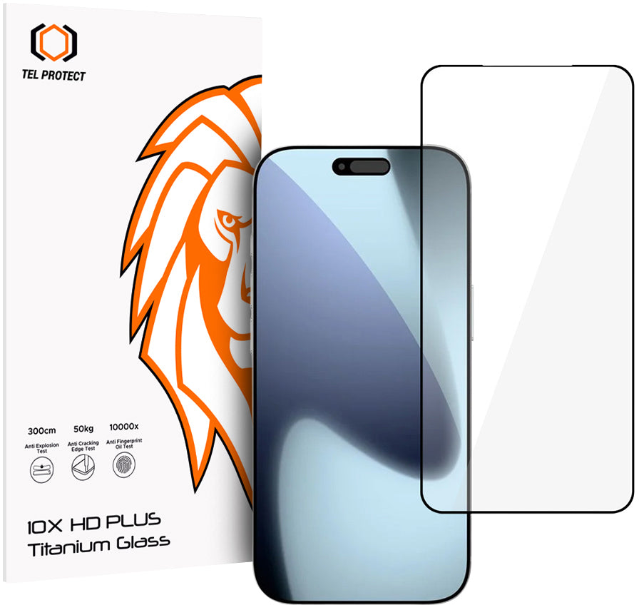 Película de Proteção de Ecrã Tel Protect 10X HD Plus Titanium para Apple iPhone 18 Pro Max / 17 Pro Max, Vidro Temperado, Full Glue, Preta