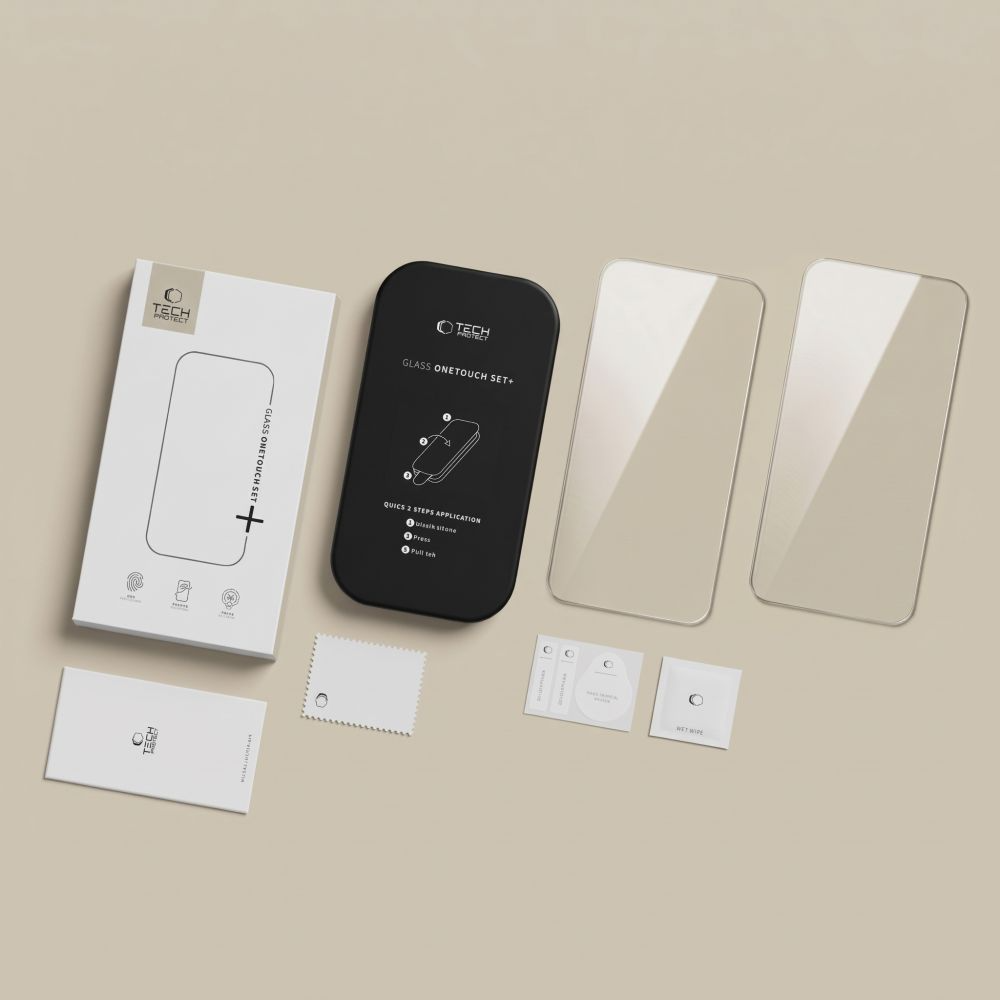 Película protetora de ecrã Tech-Protect OneTouch para Apple iPhone 18 Pro / 17 Pro, Vidro Temperado, Cola Total, Conjunto de 2 unidades, Transparente