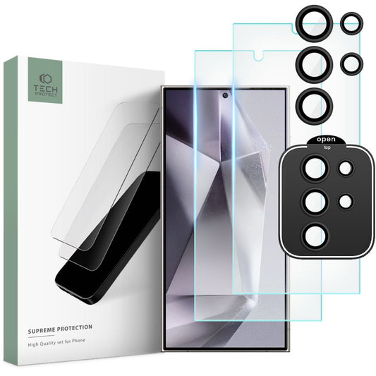 Película protetora do ecrã traseiro e da câmara Tech-Protect Supreme para Samsung Galaxy S24 Ultra S928, proteção de vidro, cola total, conjunto de 3 peças, 2,5D