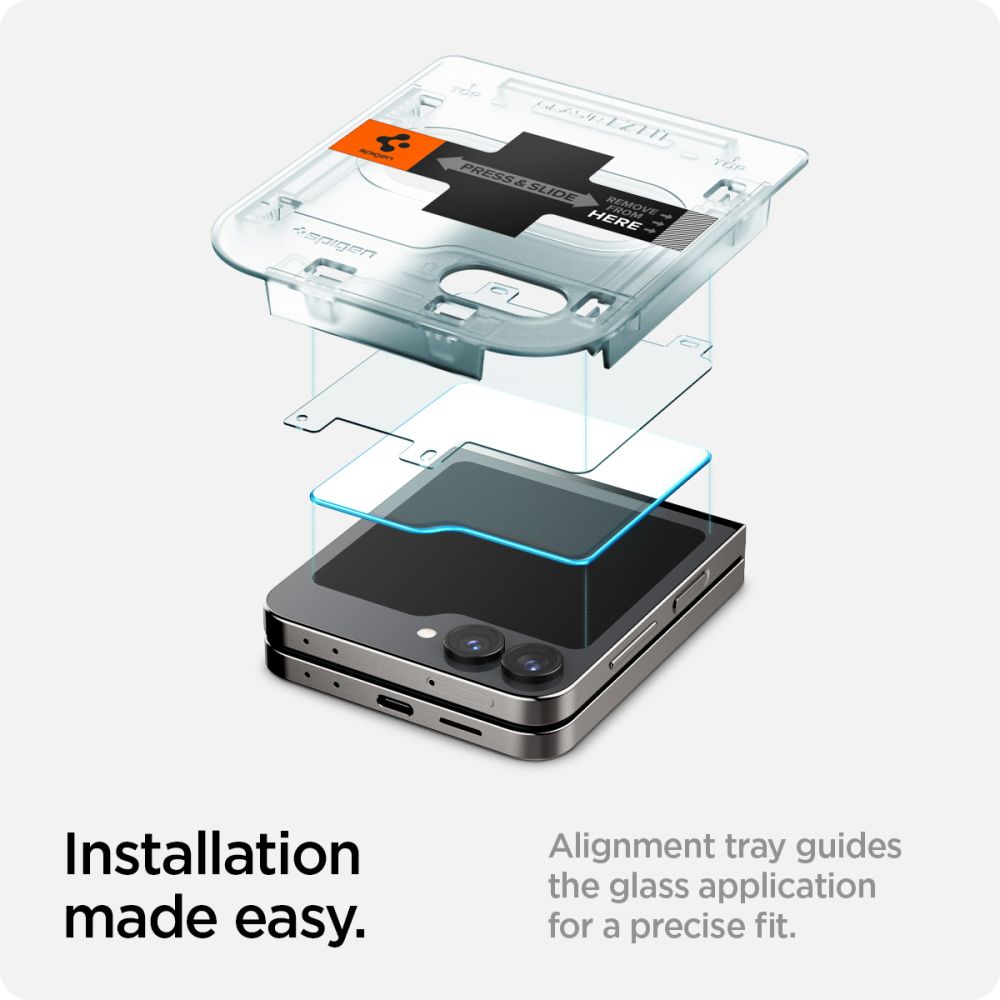 Película Protetora de Ecrã Exterior Spigen GlastR EZ FIT para Samsung Galaxy Z Flip6 F741, Vidro Temperado, Colagem Total, Conjunto de 2 peças AGL07972