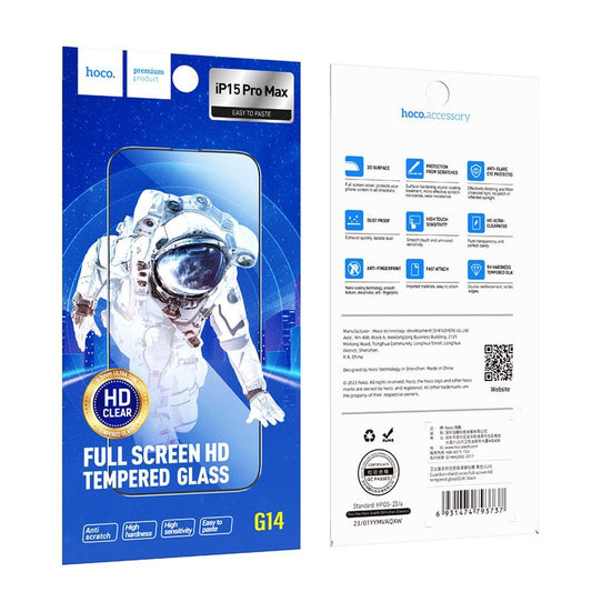 Película Protetora de Ecrã HOCO G14 para Apple iPhone 15 Pro Max, Vidro Temperado, Colagem Total, Conjunto de 10 peças, 5D, Preta