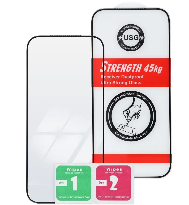 Película protetora de ecrã OEM Ultra Strong 45KG para Apple iPhone 15 Pro, Vidro Temperado, Cola Total, 2.5D, Preta