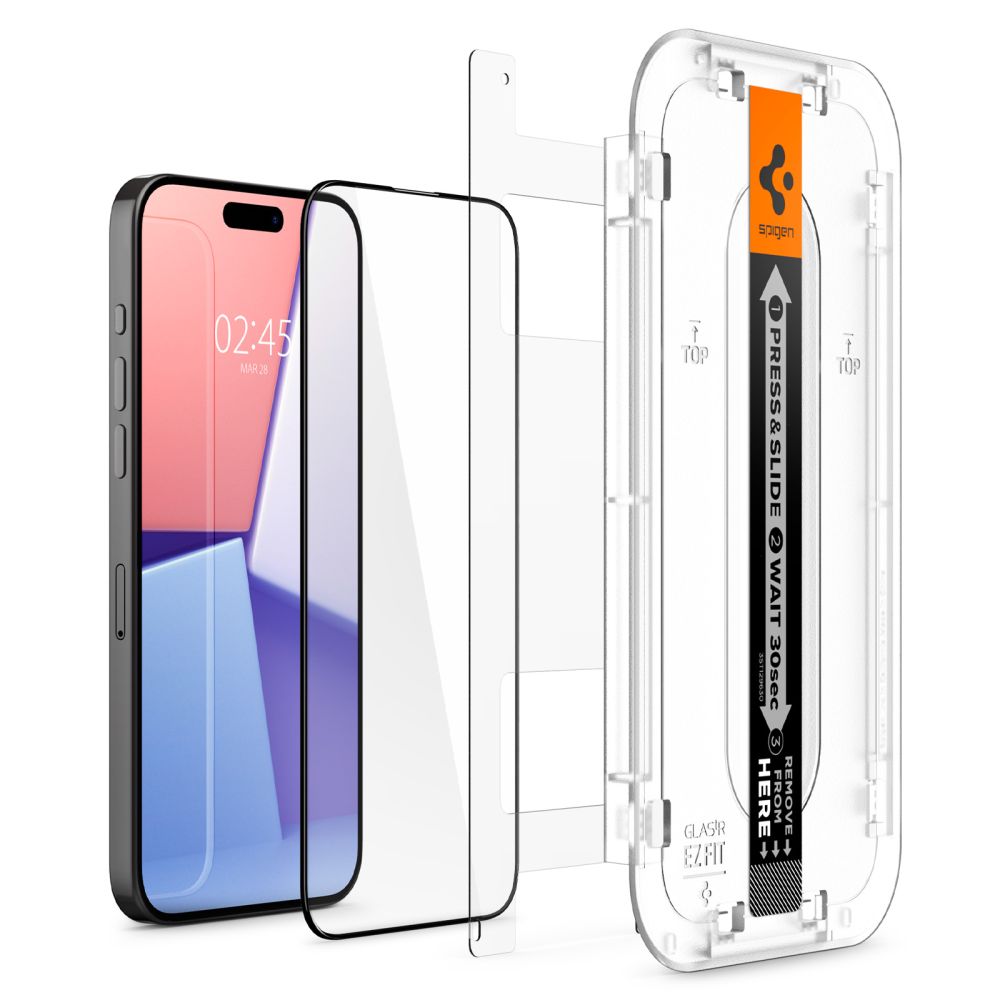Protetor de ecrã Spigen EZ FIT para Apple iPhone 15 Pro Max, vidro blindado, cola total, 2,5D, compatível com a caixa, preto AGL06879 AGL06879