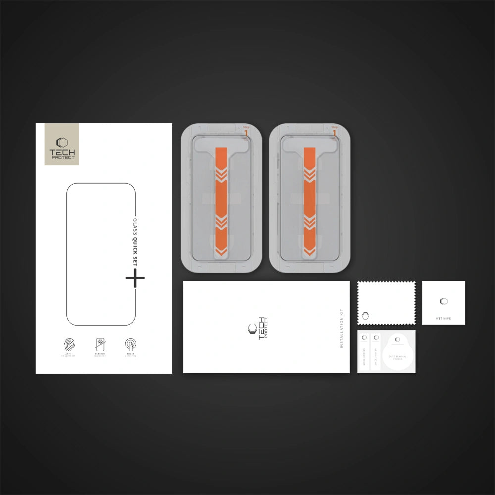 Película Protetora de Ecrã Tech-Protect Quick Set+ para Apple iPhone 16 / 15, Vidro Temperado, Colagem Total, Conjunto de 2 peças, Preta