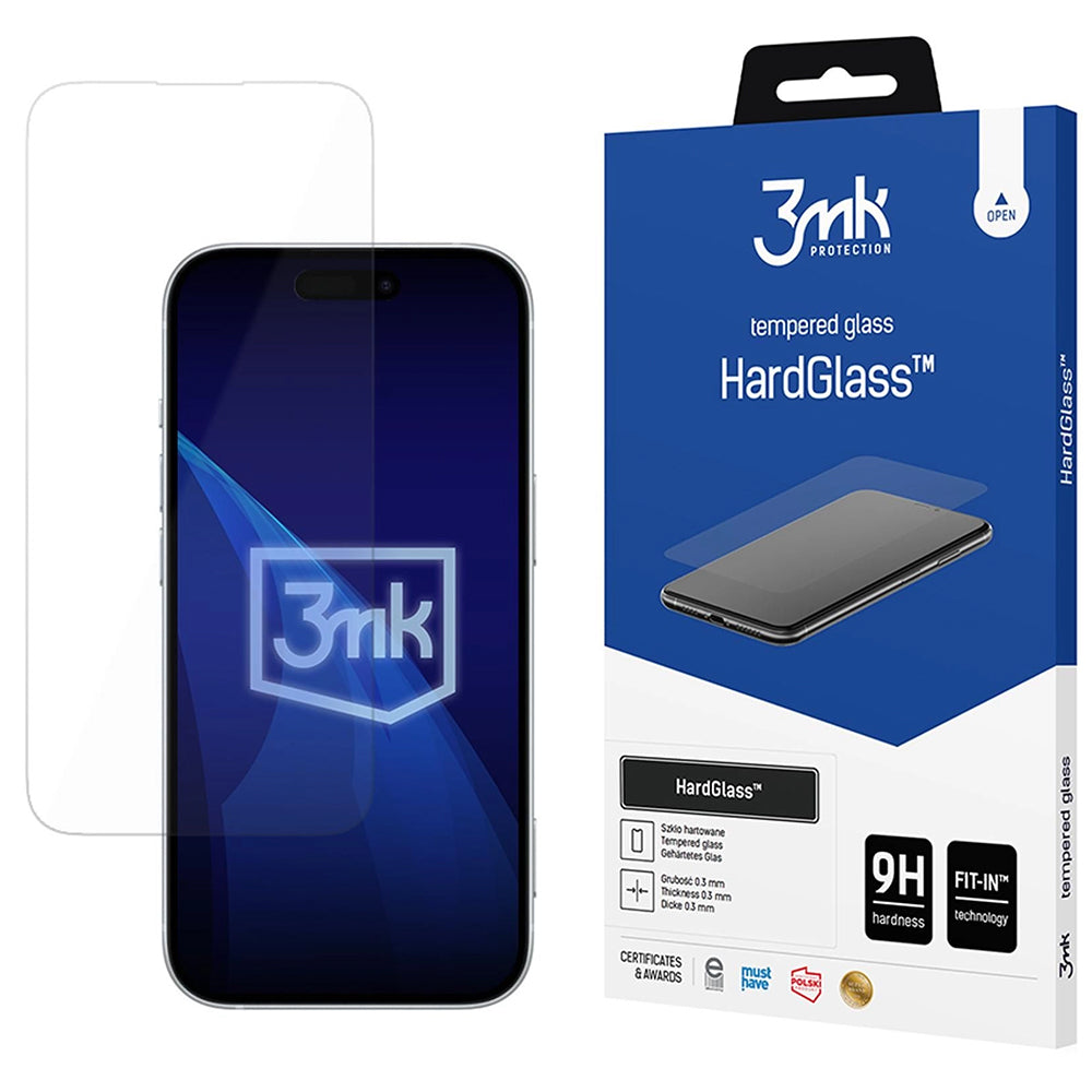 Película protetora de ecrã 3MK HardGlass para Apple iPhone 18 Pro / 17 Pro / 17 / 16 Pro, Vidro Temperado, Cola Total
