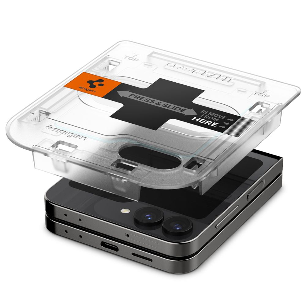 Película Protetora de Ecrã Exterior Spigen GlastR EZ FIT para Samsung Galaxy Z Flip6 F741, Vidro Temperado, Colagem Total, Conjunto de 2 peças AGL07972