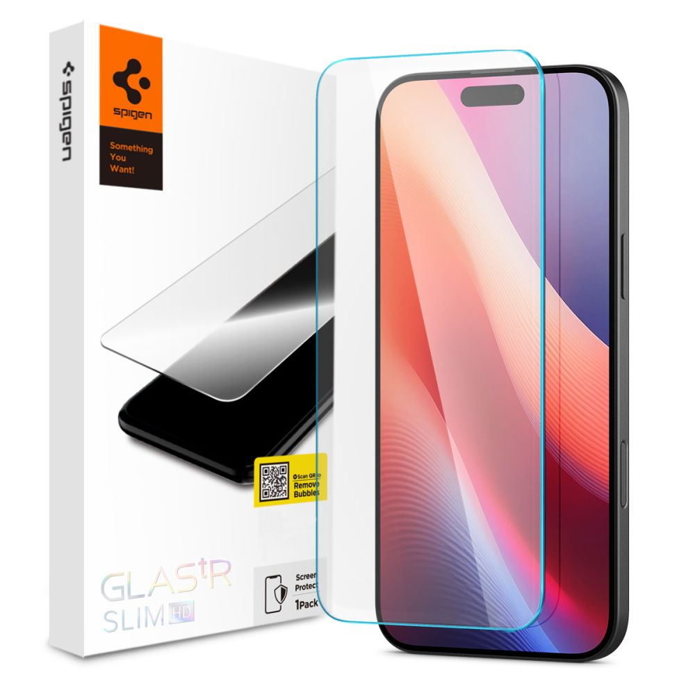 Película Protetora de Ecrã Spigen GlastrR Slim HD para Apple iPhone 16 / 15, Vidro Temperado, Colagem Total, 2.5D AGL06910