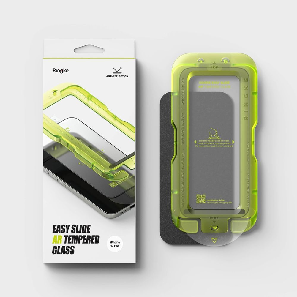 Película protetora de ecrã Ringke Easy Slide AR para Apple iPhone 17 Pro, Vidro Temperado, Cola Total, 2.5D, Preta