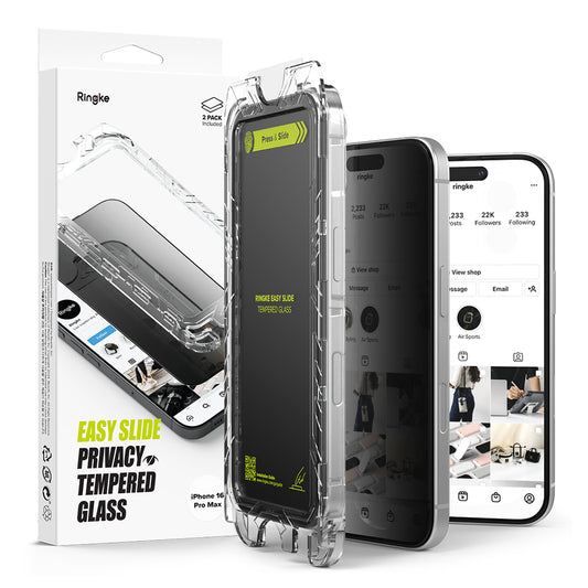 Protetor de ecrã privado Ringke Easy Slide para Apple iPhone 16 Pro Max, proteção de vidro, cola total, conjunto de 2 peças