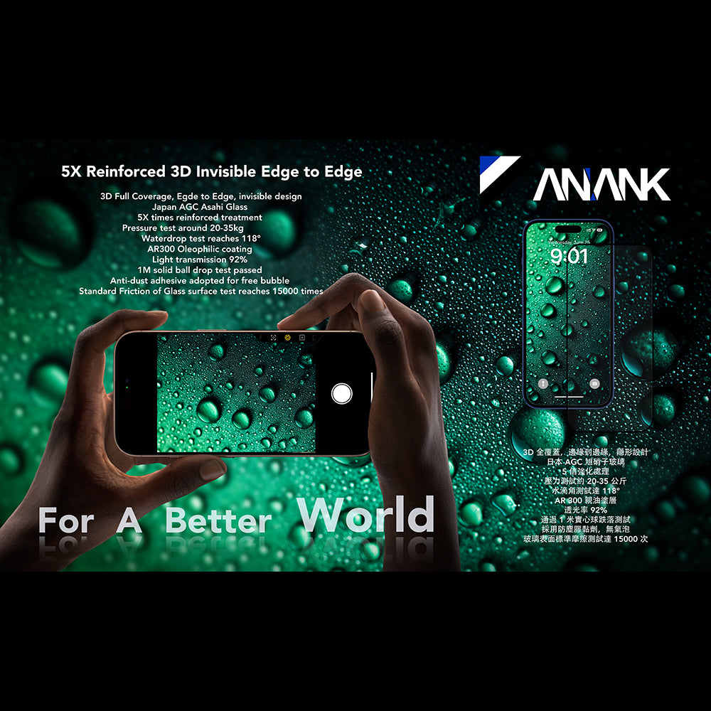 Película Protetora de Ecrã Anank 5X Reforçada Invisível para Apple iPhone 17 Pro, Vidro Temperado, Full Glue, 3D, Preta
