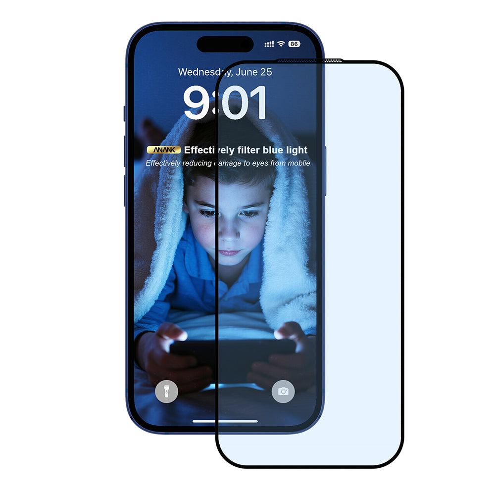 Película Protetora de Ecrã Anti Blue Light Anank 5X Reforçada para Apple iPhone 17 Pro, Vidro Temperado, Full Glue, 2.5D, Preta.