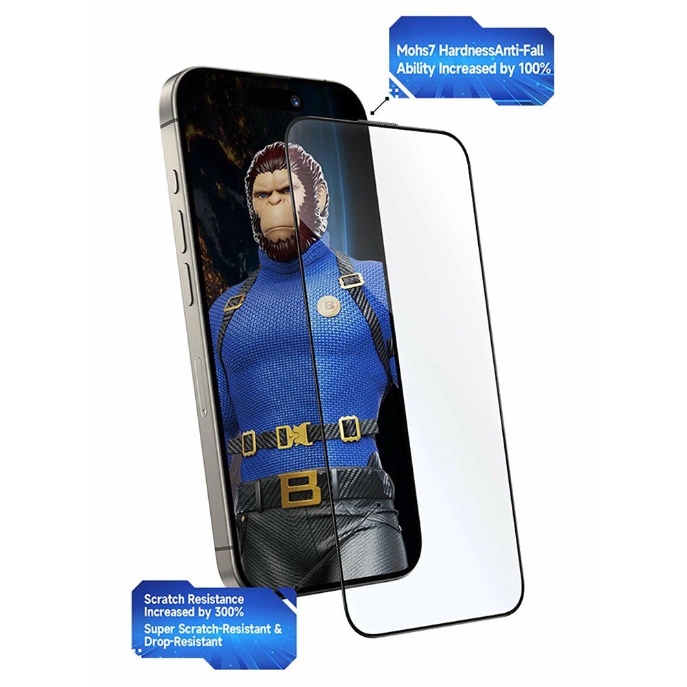 Película protetora de ecrã Blueo Crystal Anti-Riscos com aplicador para Apple iPhone 15 Pro Max, vidro temperado, cola total, preta