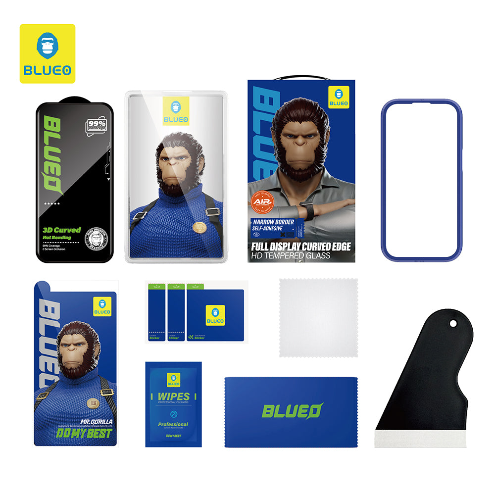 Película protetora de ecrã Blueo HD para Apple iPhone 16 Pro Max, Vidro Temperado, Cola Total, 3D, Preta