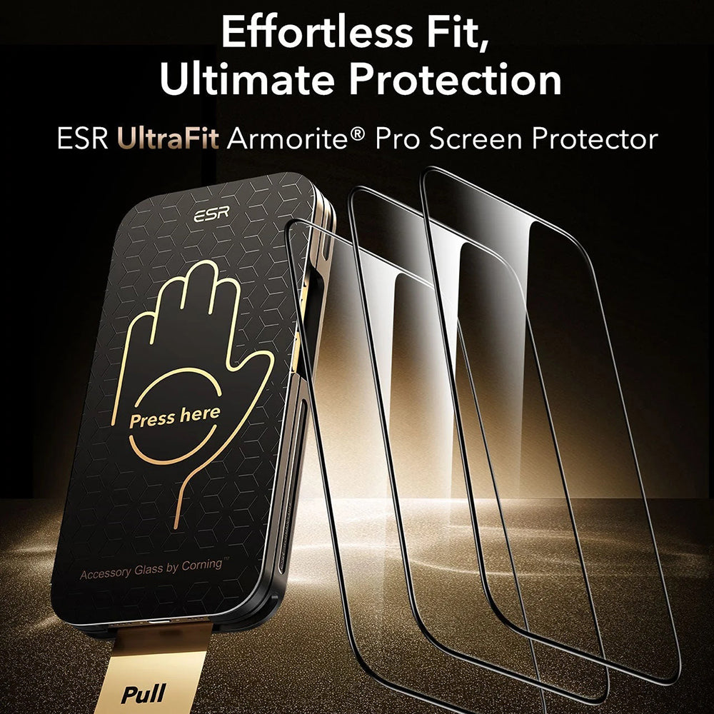 Película Protetora de Ecrã ESR Corning UltraFit para Apple iPhone 17 Pro Max, Vidro Temperado, Full Glue, Conjunto de 3 peças, Preta