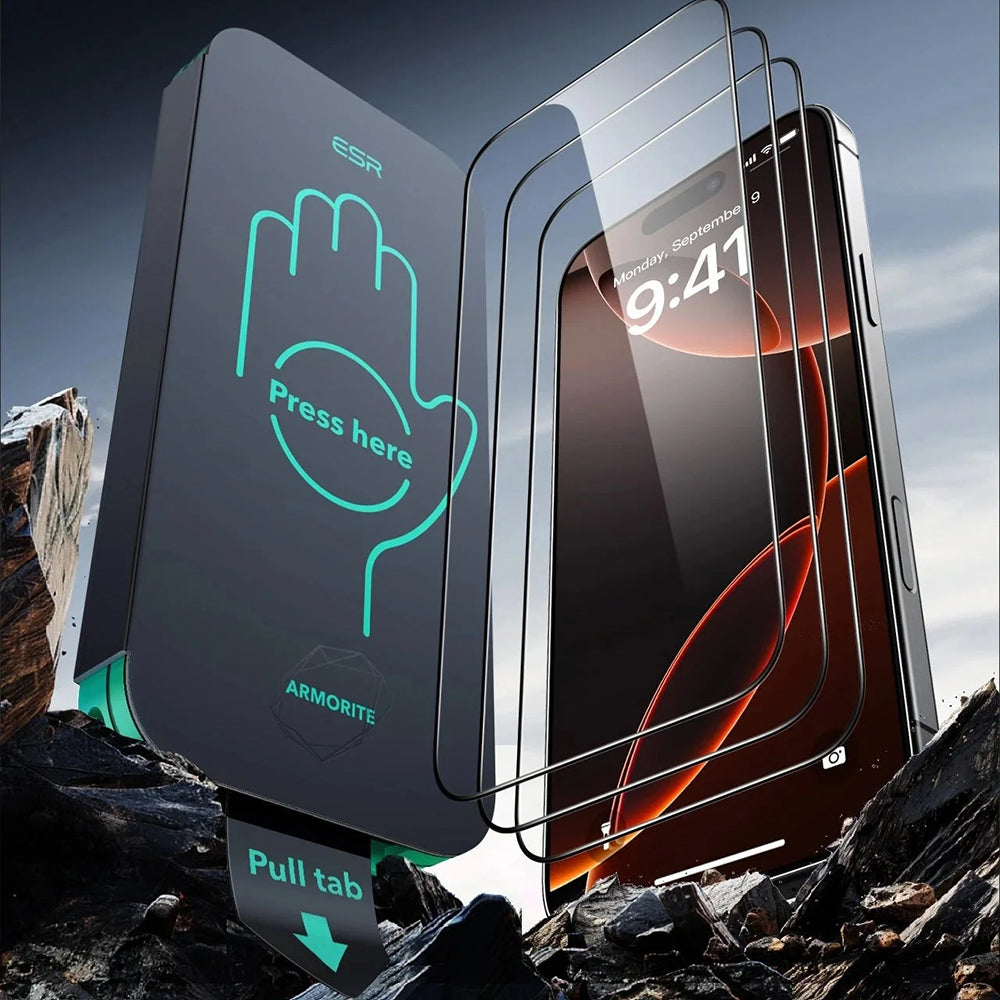 Película Protetora de Ecrã ESR Armorite UltraFit para Apple iPhone 17 / 16 Pro, Vidro Temperado, Full Glue, Conjunto de 3 peças, Preta
