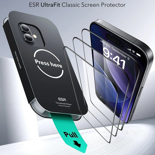 Película Protetora de Ecrã ESR UltraFit para Apple iPhone 17 / 16 Pro, Vidro Temperado, Colagem Total, Conjunto de 3 Peças