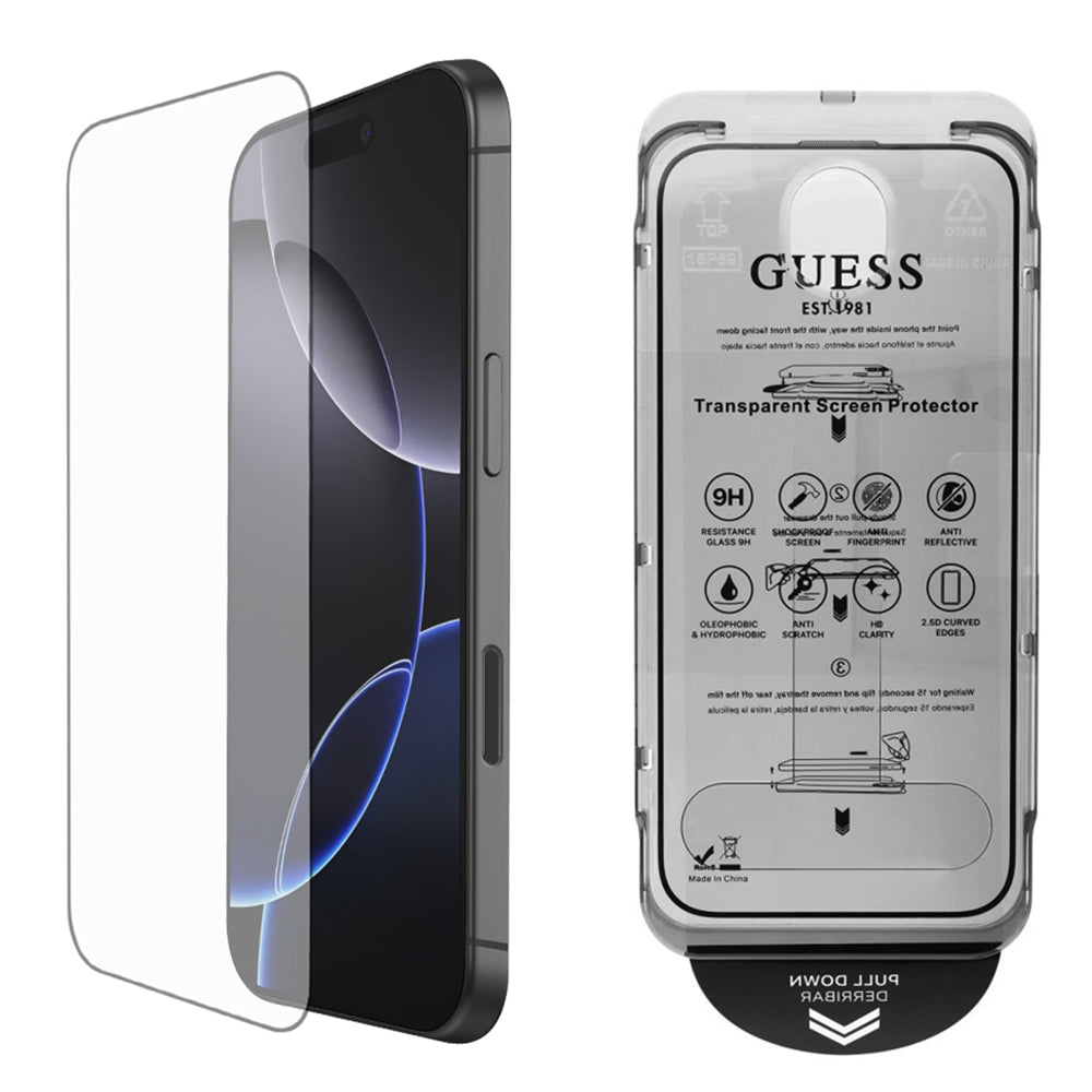 Película Protetora de Ecrã Guess Classic Outline para Apple iPhone 16 Pro Max, Vidro Temperado, Full Glue, 2.5D, Preta