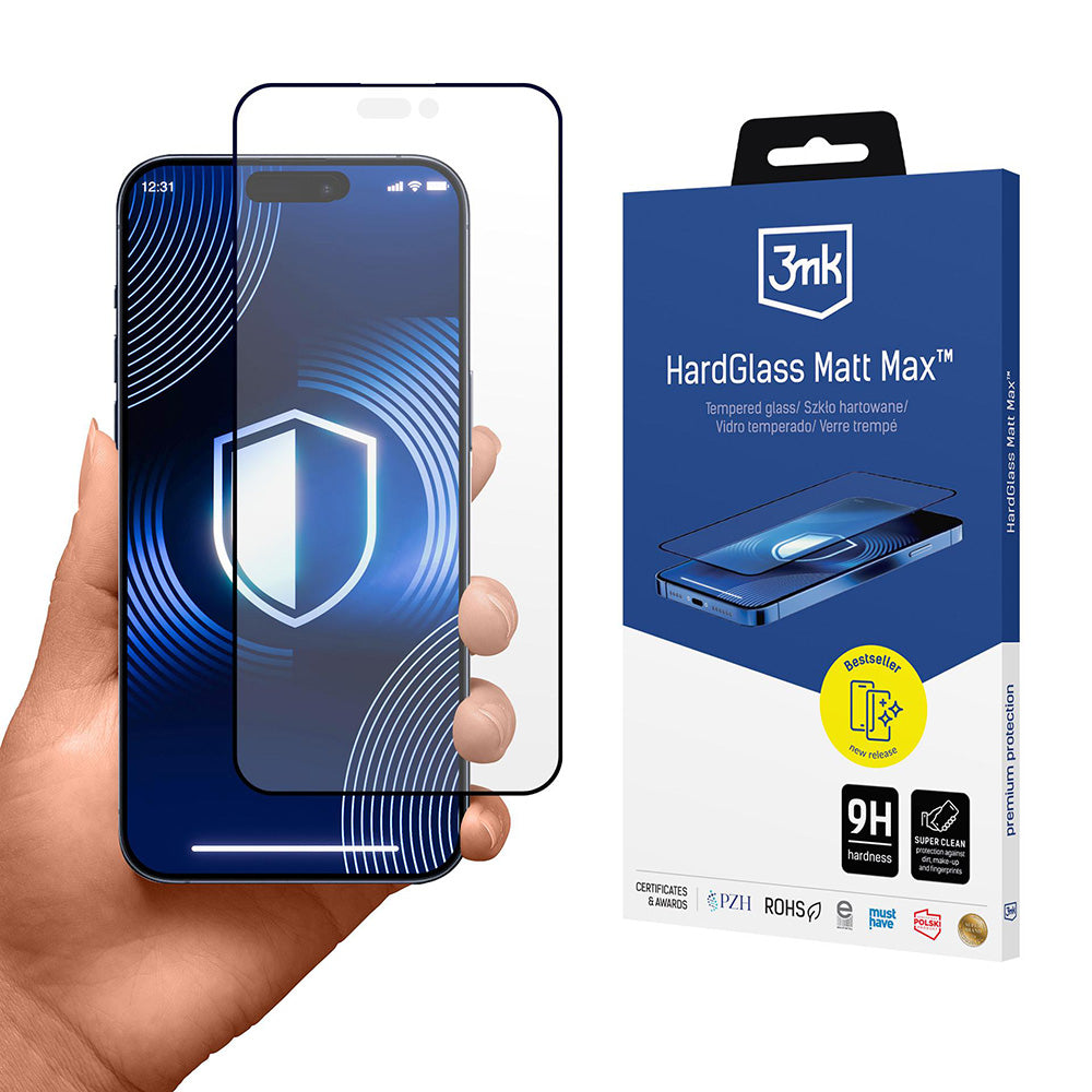 Película Protetora de Ecrã Matte 3MK HardGlass Max para Apple iPhone 17 Pro Max, Vidro Temperado, Full Glue, Preta