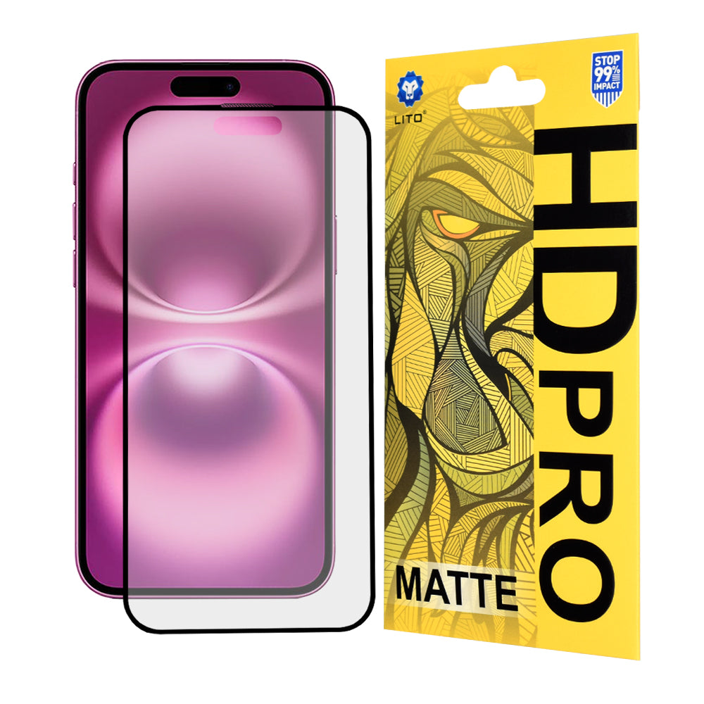 Película protetora de ecrã Matte Lito HD Pro para Apple iPhone 16 Plus, Vidro Temperado, Cola Total, Preta