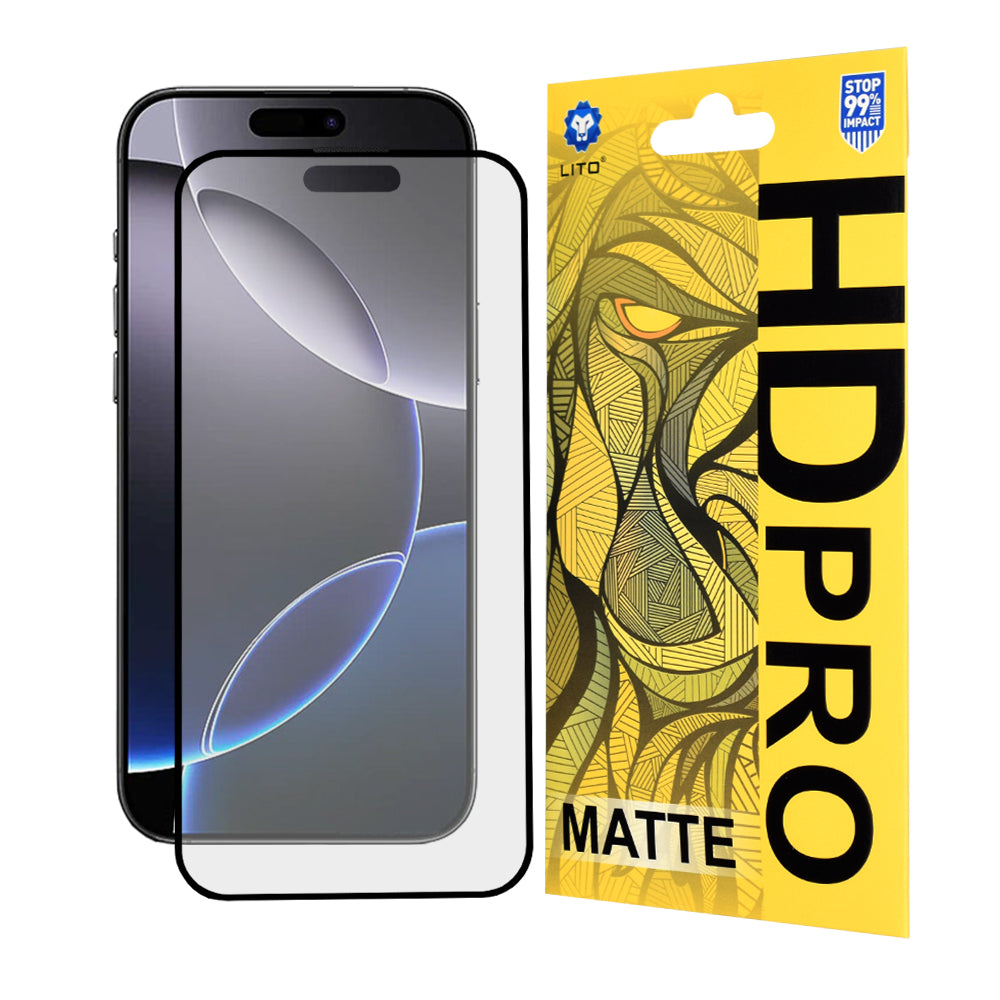 Película protetora de ecrã Matte Lito HD Pro para Apple iPhone 16 Pro Max, Vidro Temperado, Cola Total, Preta