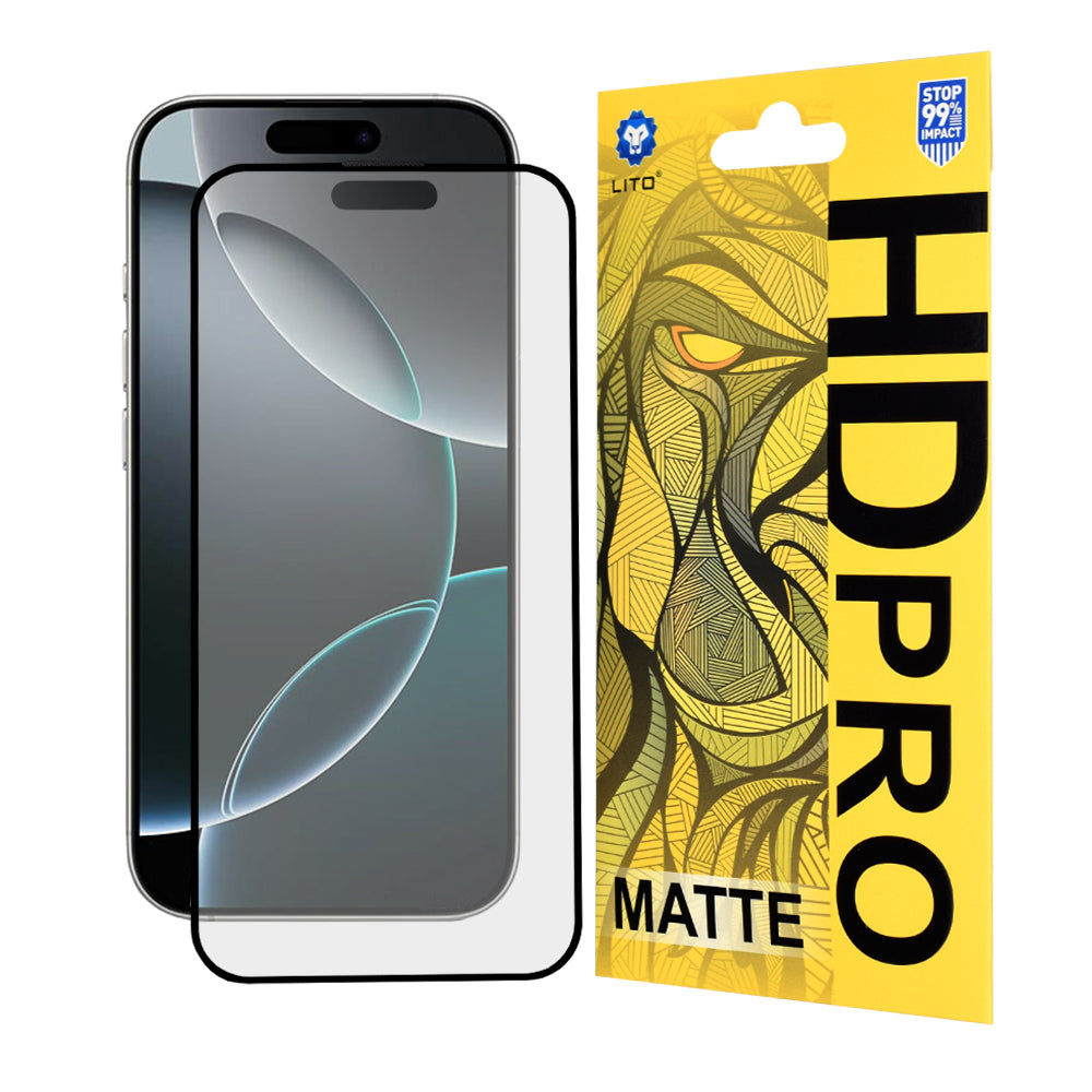 Película protetora de ecrã Matte Lito HD Pro para Apple iPhone 16 Pro, Vidro Temperado, Cola Total, Preta