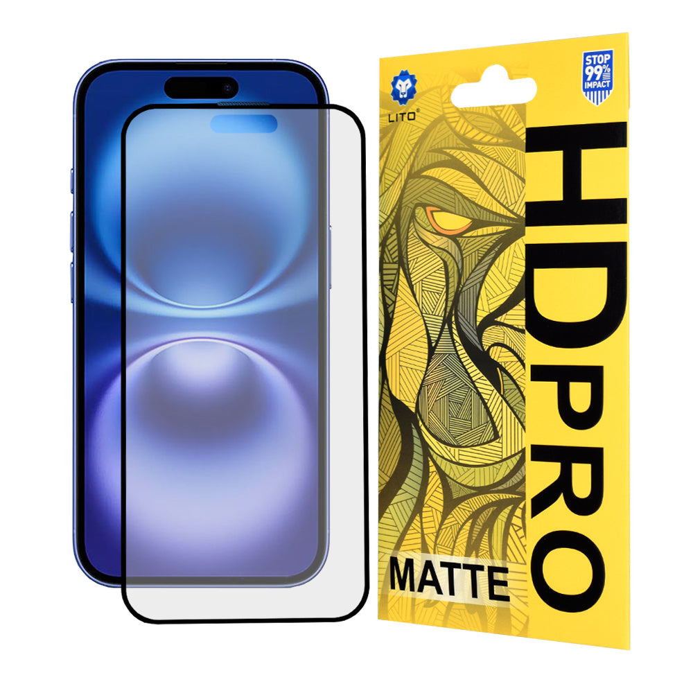 Película protetora de ecrã Matte Lito HD Pro para Apple iPhone 16, Vidro Temperado, Cola Total, Preta