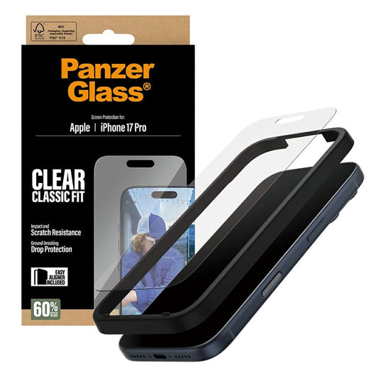Película Protetora de Ecrã PanzerGlass Classic Fit EasyAligner para Apple iPhone 17 Pro, Vidro Temperado, Full Glue