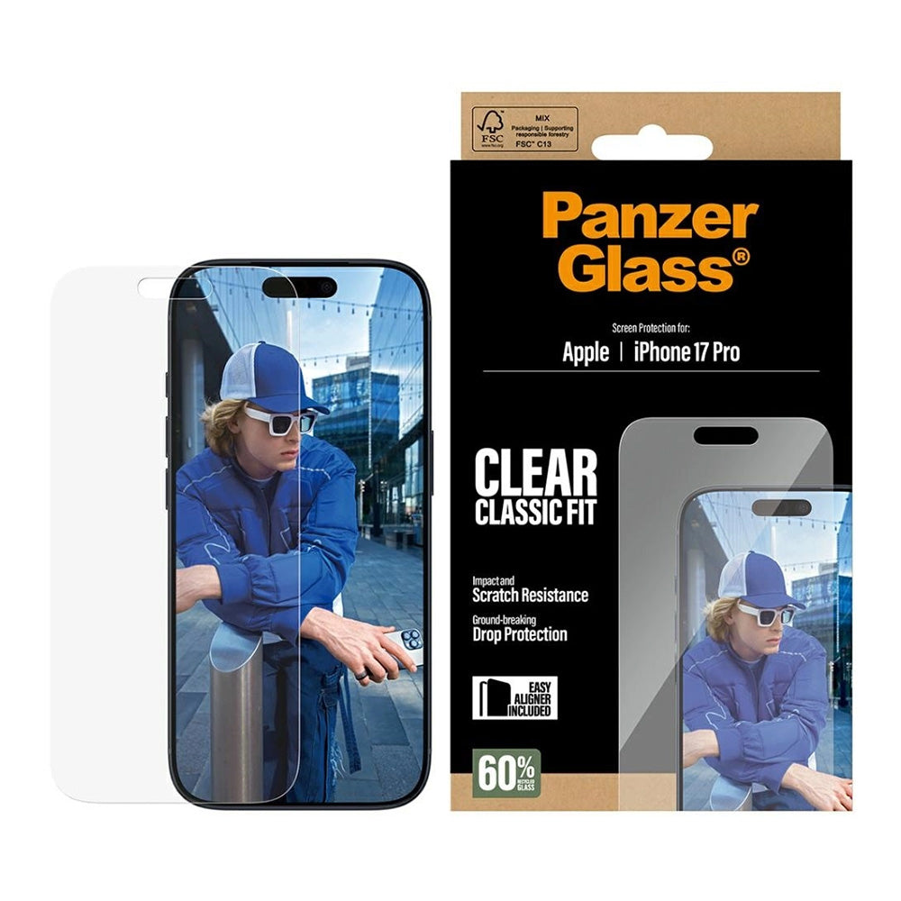 Película Protetora de Ecrã PanzerGlass Classic Fit EasyAligner para Apple iPhone 17 Pro, Vidro Temperado, Full Glue