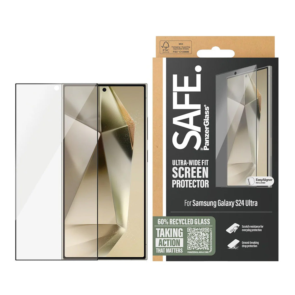 Película Protetora de Ecrã PanzerGlass Safe. Ultra-Wide Fit EasyAligner para Samsung Galaxy S24 Ultra S928, Vidro Temperado, Colagem Total, Preta.