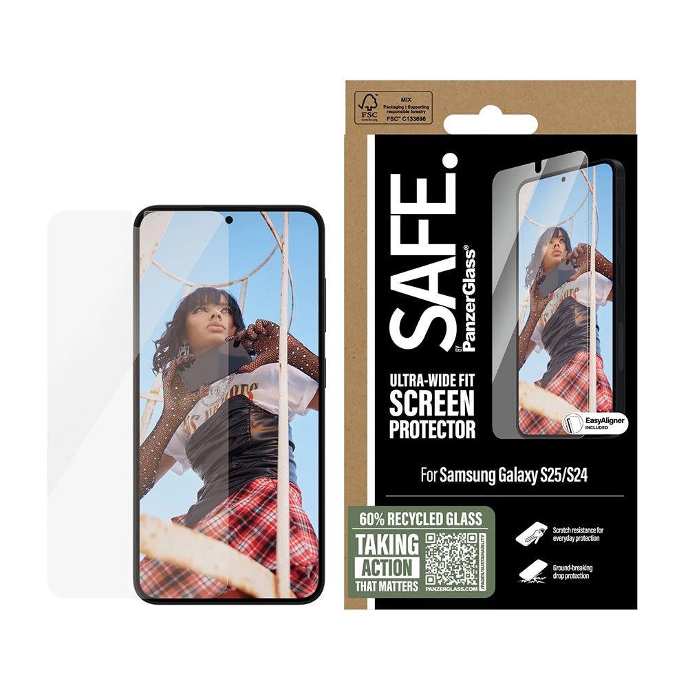 Película Protetora de Ecrã PanzerGlass Safe. Ultra-Wide Fit EasyAligner para Samsung Galaxy S25 S931 / S24 S921, Vidro Temperado, Colagem Total.