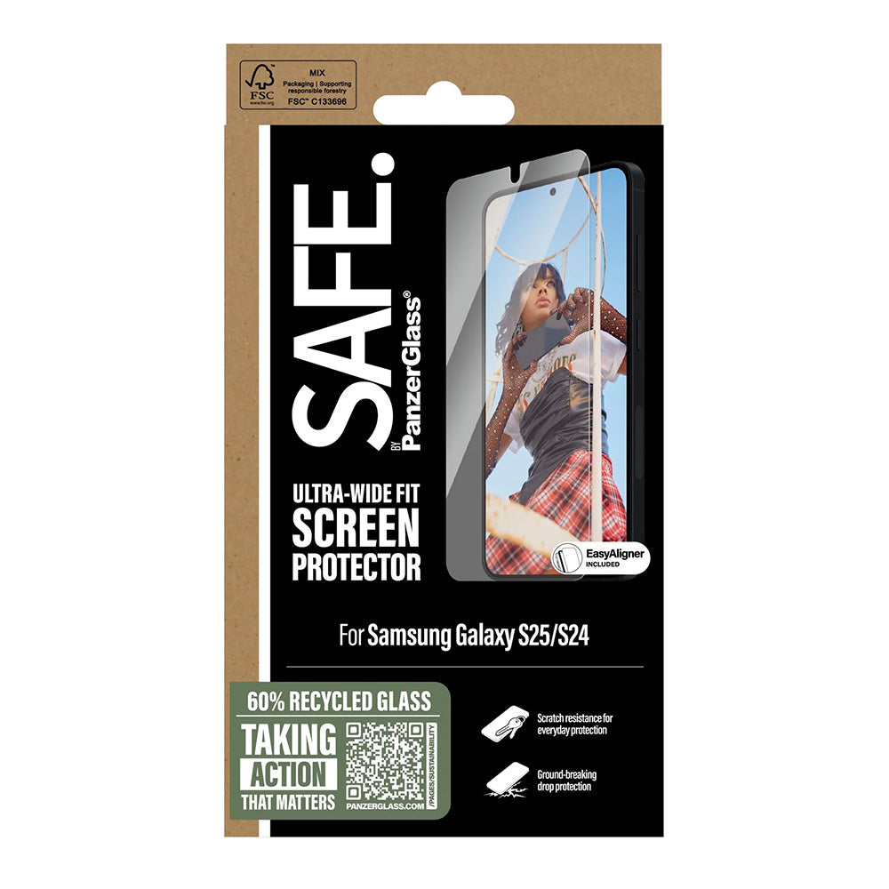 Película Protetora de Ecrã PanzerGlass Safe. Ultra-Wide Fit EasyAligner para Samsung Galaxy S25 S931 / S24 S921, Vidro Temperado, Colagem Total.