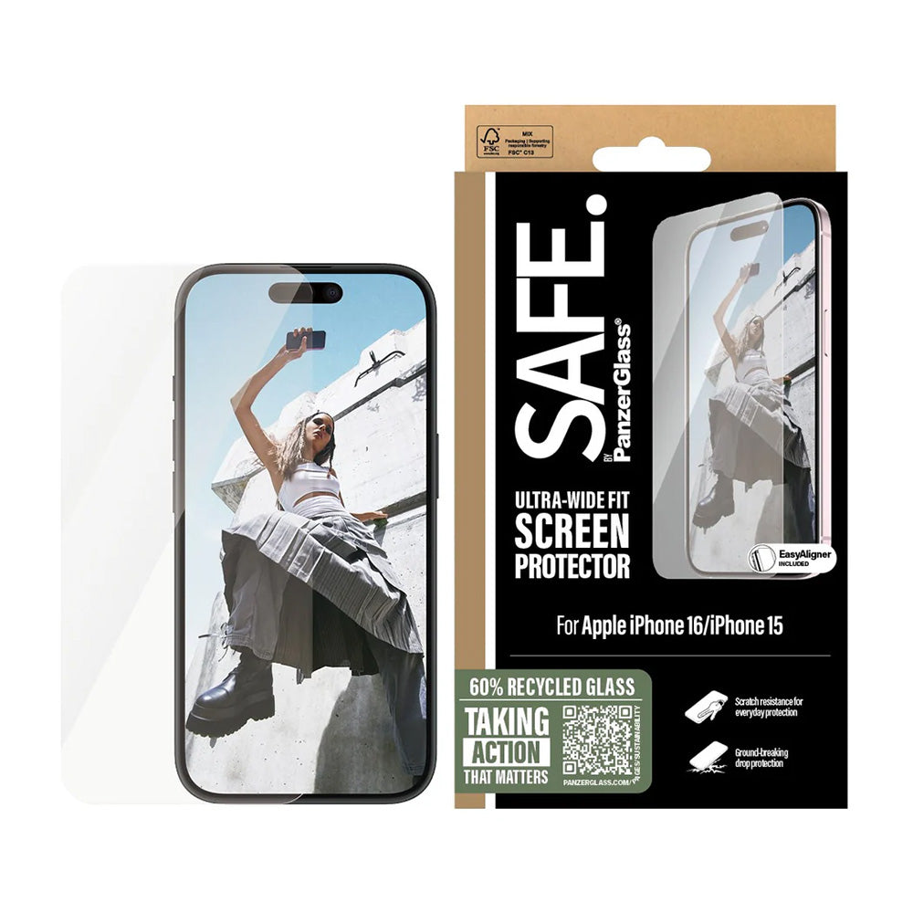 Película Protetora de Ecrã PanzerGlass Safe. Ultra-Wide Fit para Apple iPhone 16 / 15, Vidro Temperado, Full Glue.
