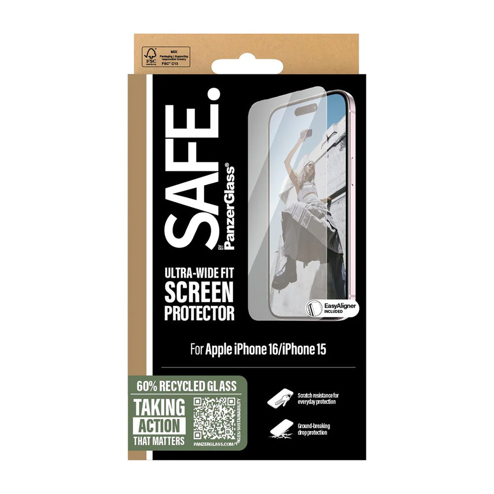 Película Protetora de Ecrã PanzerGlass Safe. Ultra-Wide Fit para Apple iPhone 16 / 15, Vidro Temperado, Full Glue.